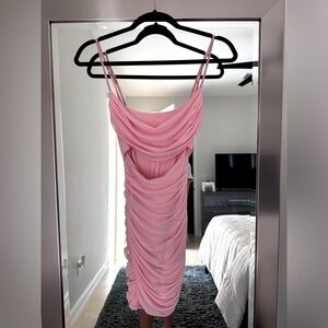 Oh Polly Embellished Straps Cutout Mesh Ruched Light Pink Mini Dress